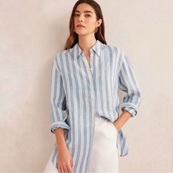 Boden Relaxed Linen Button Down Shirt Porcelain Blue Sparkle Stripe 14R - Picture 2 of 16